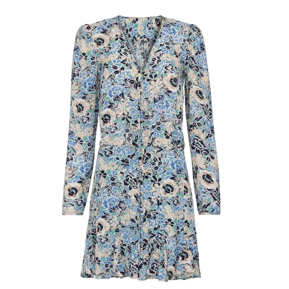 Veronica Beard 14‎ Riggins Dress Mini Shift Blue Silk Floral V Neck Long Sleeves